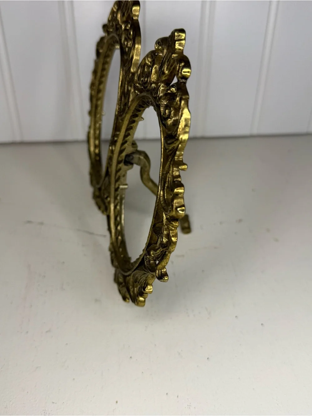 Antique Brass Tone Double Oval Frame with Stand, Vintage Art Nouveau Ornate Fram
